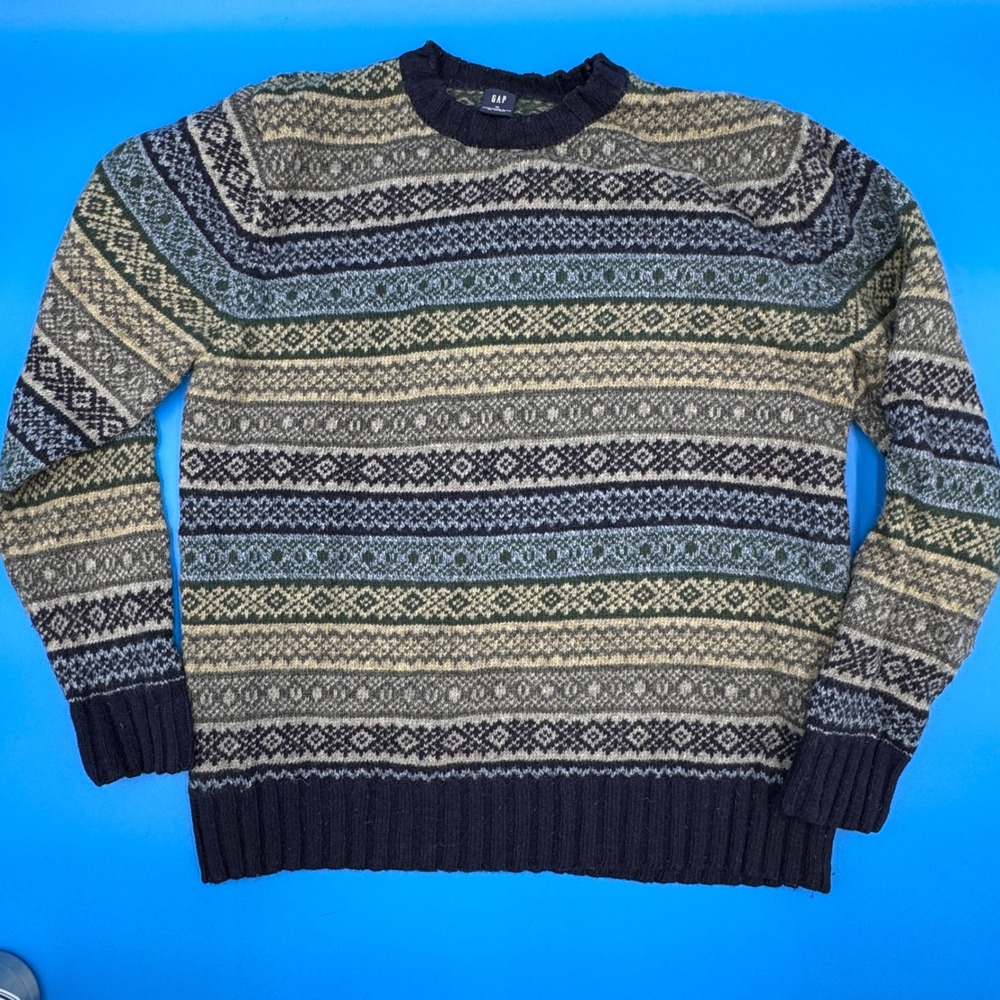 VIntage 2003 Gap Mens Fair Isle Lambs Wool Sweater Crew Neck Long Sleeve Size M